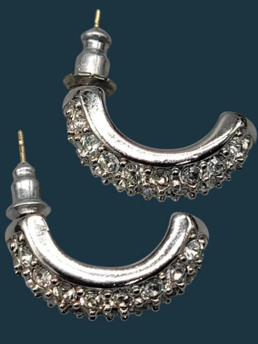 Swan Signed Swarovski Half Hoop Post Earrings Vintage Colorless Crystal Paved